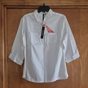 Cathy Daniels White Casual 3/4 Zipper Front Shirt, size L